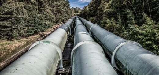 A drone surveying a pipeline in a remote area, showcasing modern inspection technology.
